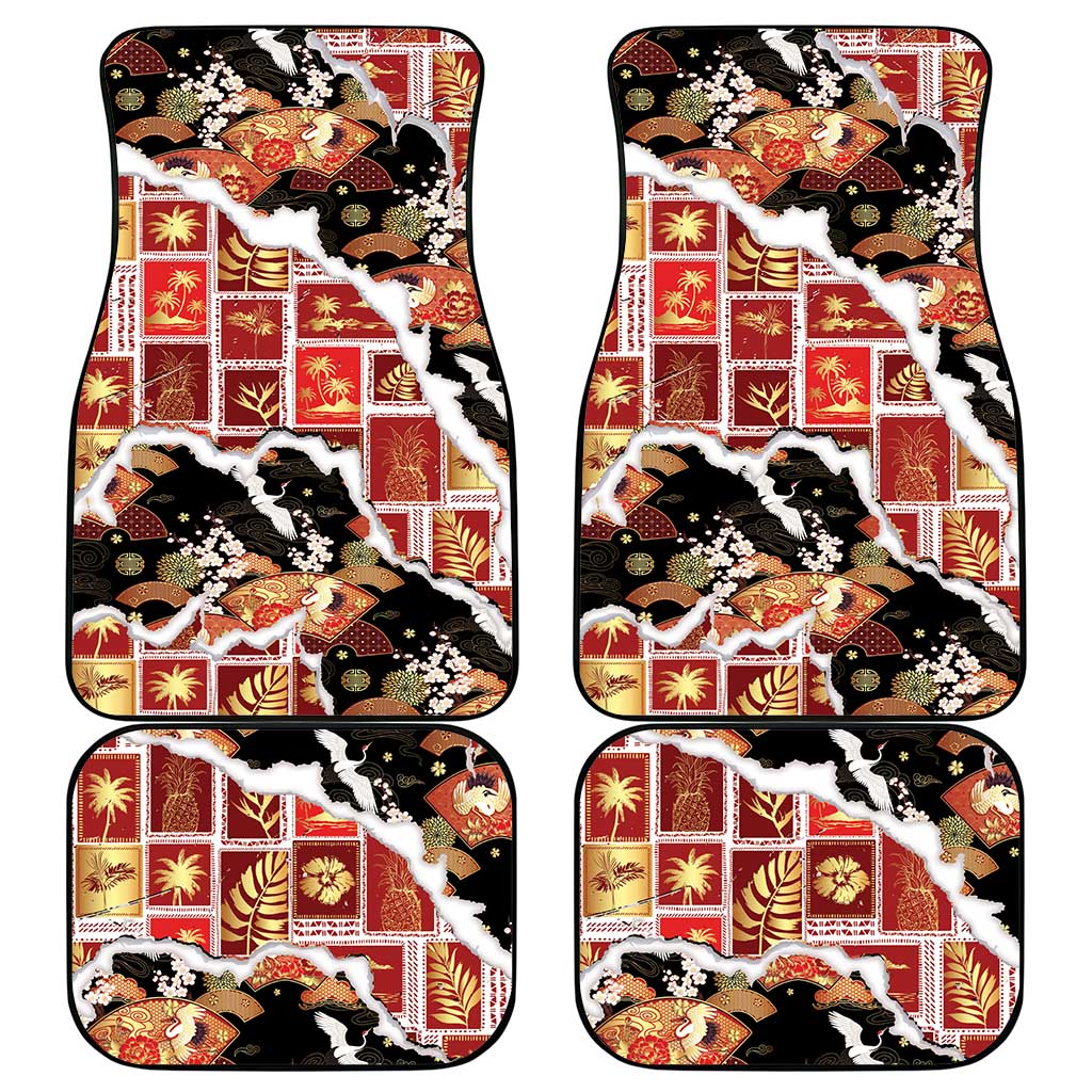 Hawaii Japanese Culture Black Car Mats Spring Cranes Aloha Pattern