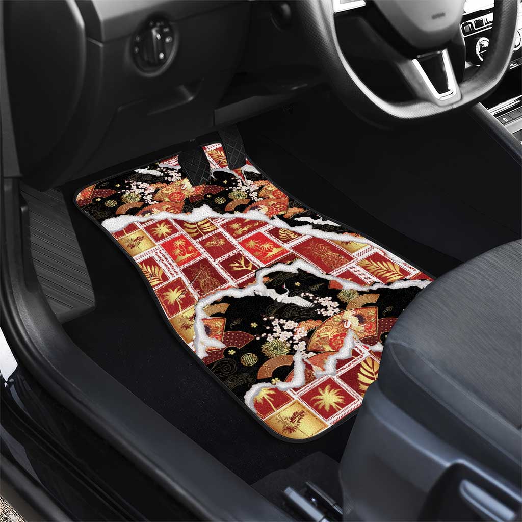 Hawaii Japanese Culture Black Car Mats Spring Cranes Aloha Pattern
