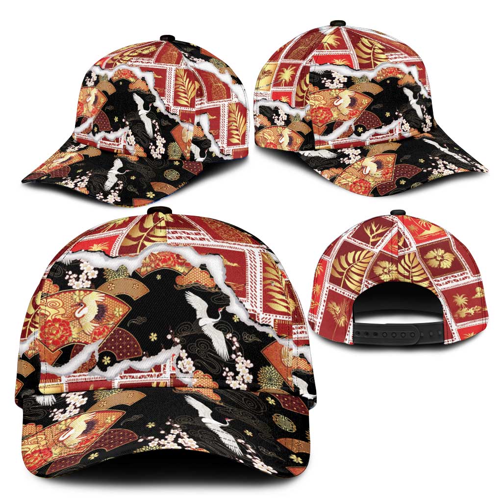 Hawaii Japanese Culture Black Classic Cap Spring Cranes Aloha Pattern