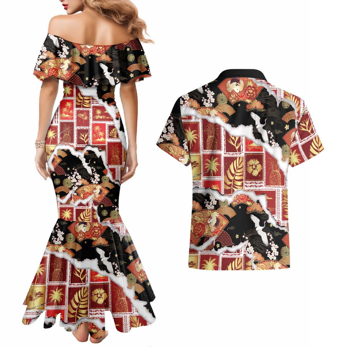 Hawaii Japanese Culture Black Couples Matching Mermaid Dress and Hawaiian Shirt Spring Cranes Aloha Pattern