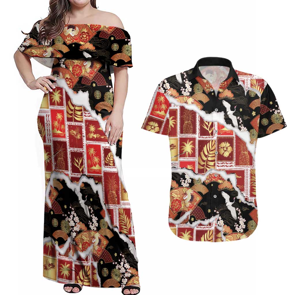 Hawaii Japanese Culture Black Couples Matching Off Shoulder Maxi Dress and Hawaiian Shirt Spring Cranes Aloha Pattern