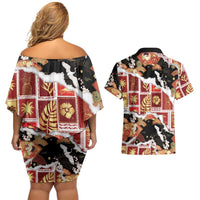 Hawaii Japanese Culture Black Couples Matching Off Shoulder Short Dress and Hawaiian Shirt Spring Cranes Aloha Pattern