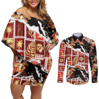 Hawaii Japanese Culture Black Couples Matching Off Shoulder Short Dress and Long Sleeve Button Shirt Spring Cranes Aloha Pattern