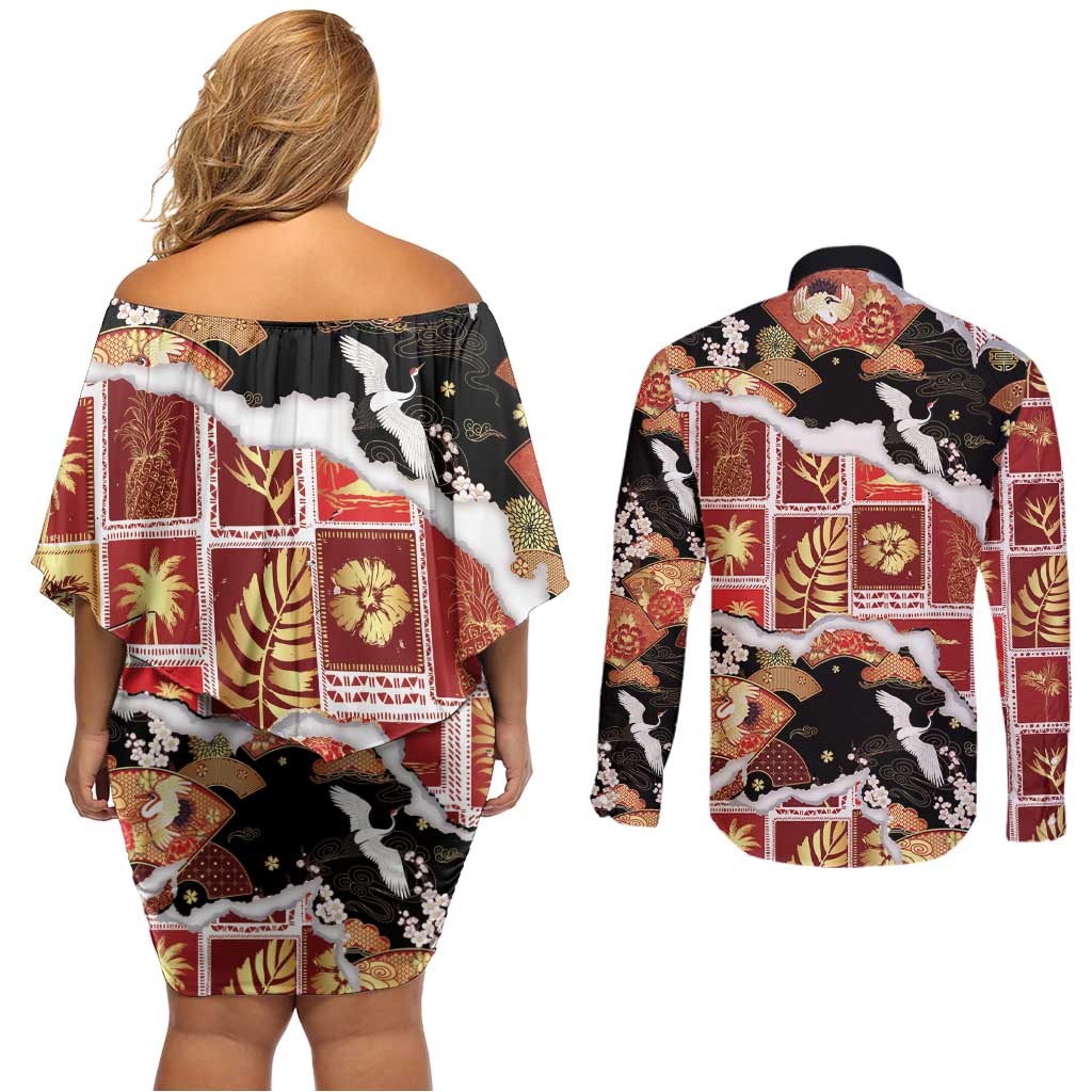 Hawaii Japanese Culture Black Couples Matching Off Shoulder Short Dress and Long Sleeve Button Shirt Spring Cranes Aloha Pattern
