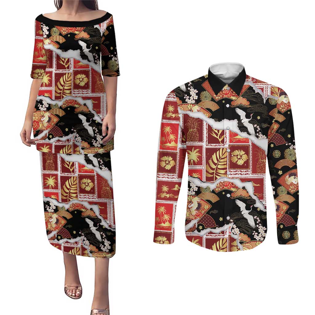 Hawaii Japanese Culture Black Couples Matching Puletasi and Long Sleeve Button Shirt Spring Cranes Aloha Pattern