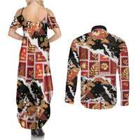 Hawaii Japanese Culture Black Couples Matching Summer Maxi Dress and Long Sleeve Button Shirt Spring Cranes Aloha Pattern