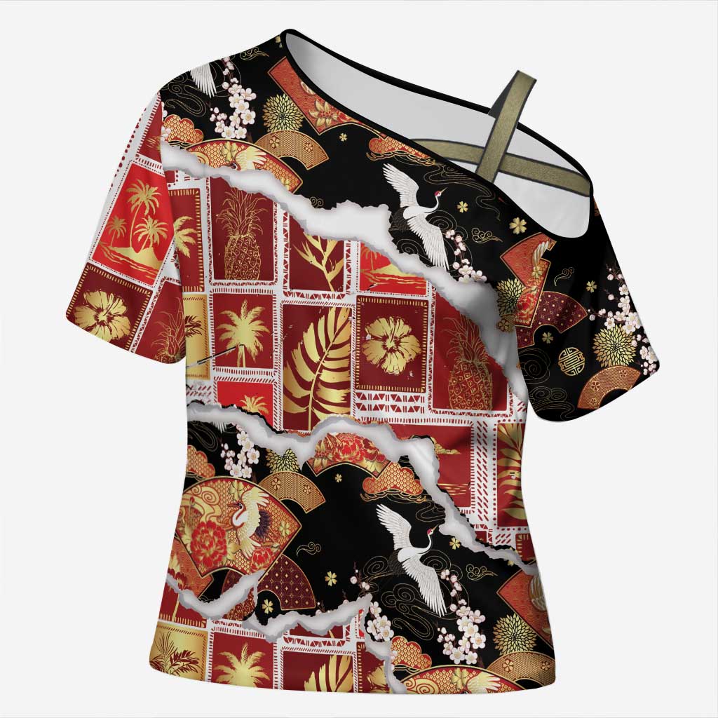 Hawaii Japanese Culture Black Cross Shoulder Shirt Spring Cranes Aloha Pattern