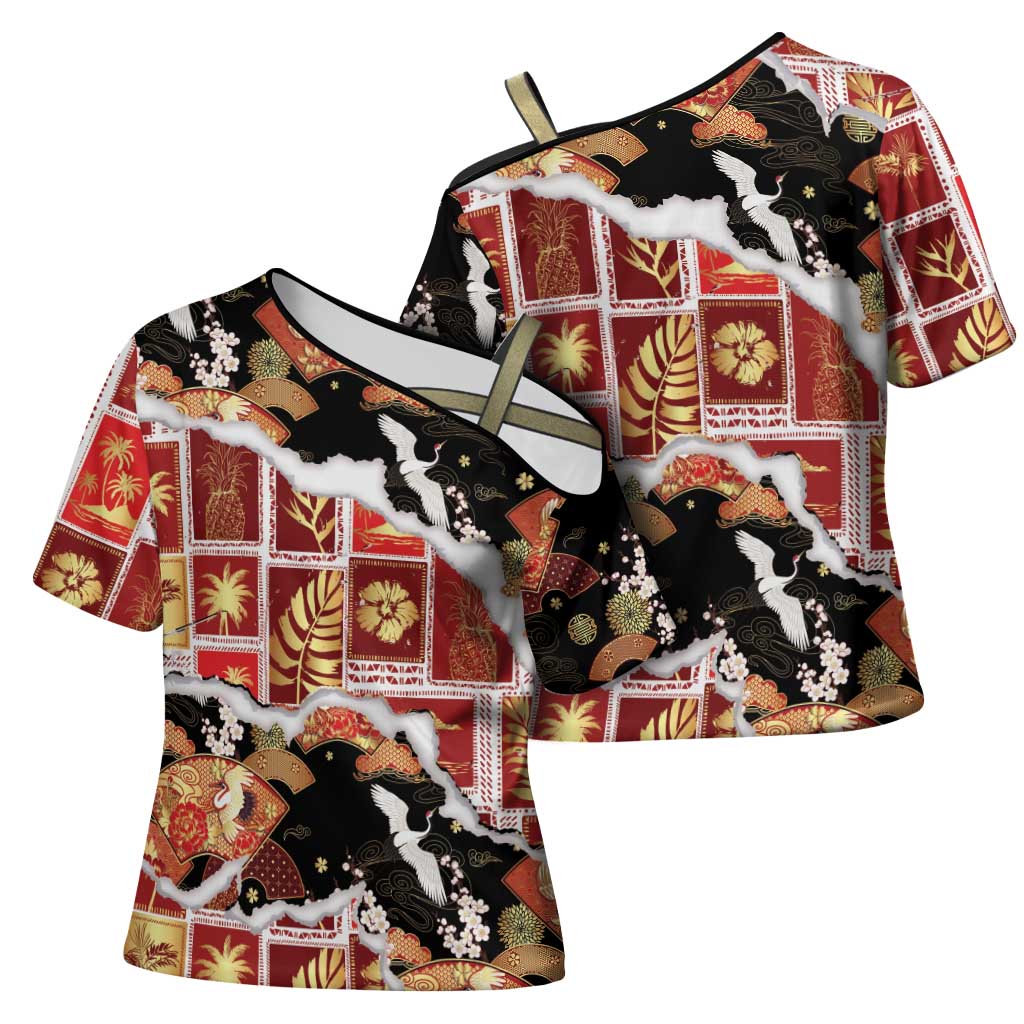 Hawaii Japanese Culture Black Cross Shoulder Shirt Spring Cranes Aloha Pattern