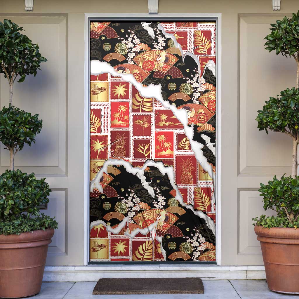 Hawaii Japanese Culture Black Door Cover Spring Cranes Aloha Pattern