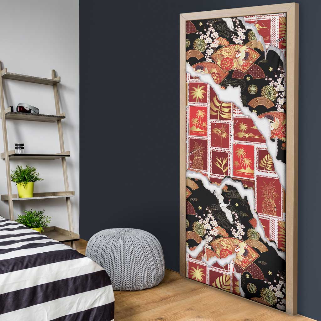 Hawaii Japanese Culture Black Door Cover Spring Cranes Aloha Pattern