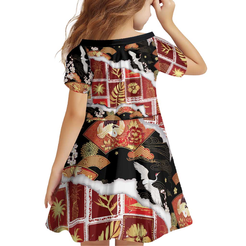 Hawaii Japanese Culture Black Family Matching Long Sleeve Bodycon Dress and Hawaiian Shirt Spring Cranes Aloha Pattern LT01 - Polynesian Pride