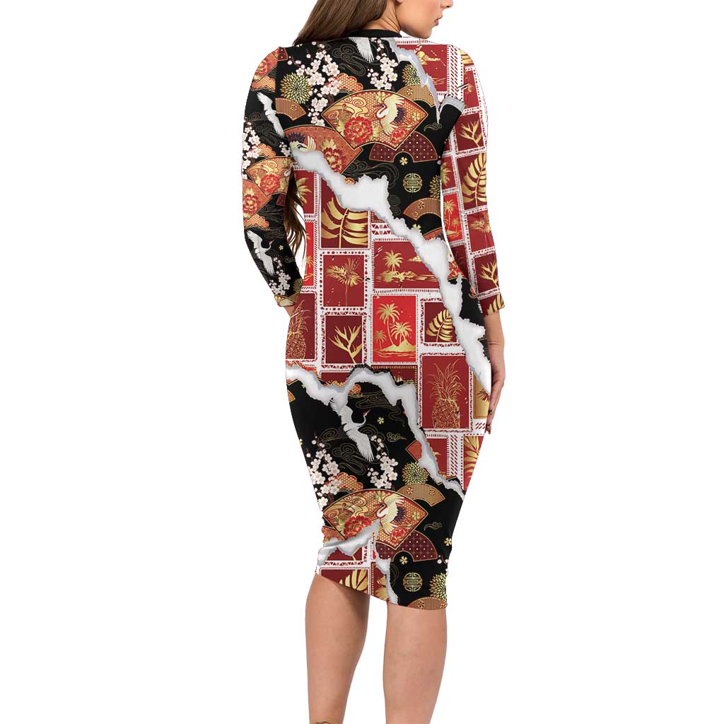 Hawaii Japanese Culture Black Family Matching Long Sleeve Bodycon Dress and Hawaiian Shirt Spring Cranes Aloha Pattern LT01 - Polynesian Pride
