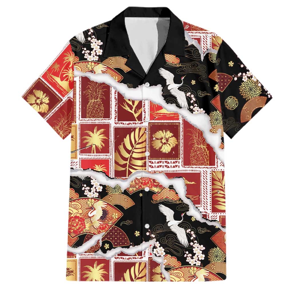 Hawaii Japanese Culture Black Family Matching Off The Shoulder Long Sleeve Dress and Hawaiian Shirt Spring Cranes Aloha Pattern LT01 Dad's Shirt - Short Sleeve Black - Polynesian Pride