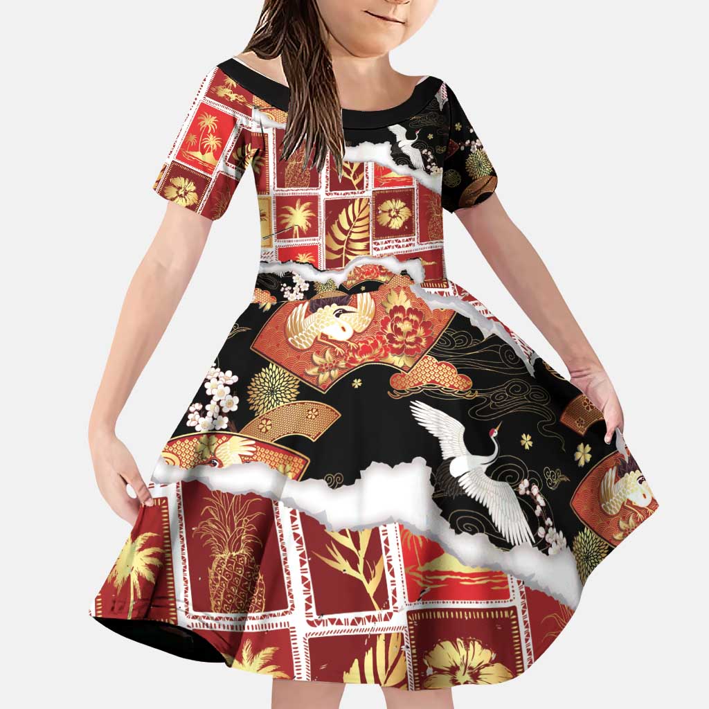 Hawaii Japanese Culture Black Family Matching Off Shoulder Maxi Dress and Hawaiian Shirt Spring Cranes Aloha Pattern