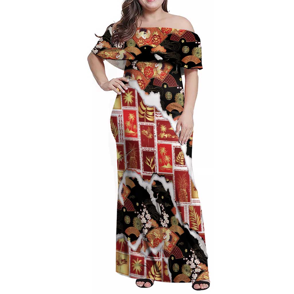 Hawaii Japanese Culture Black Family Matching Off Shoulder Maxi Dress and Hawaiian Shirt Spring Cranes Aloha Pattern