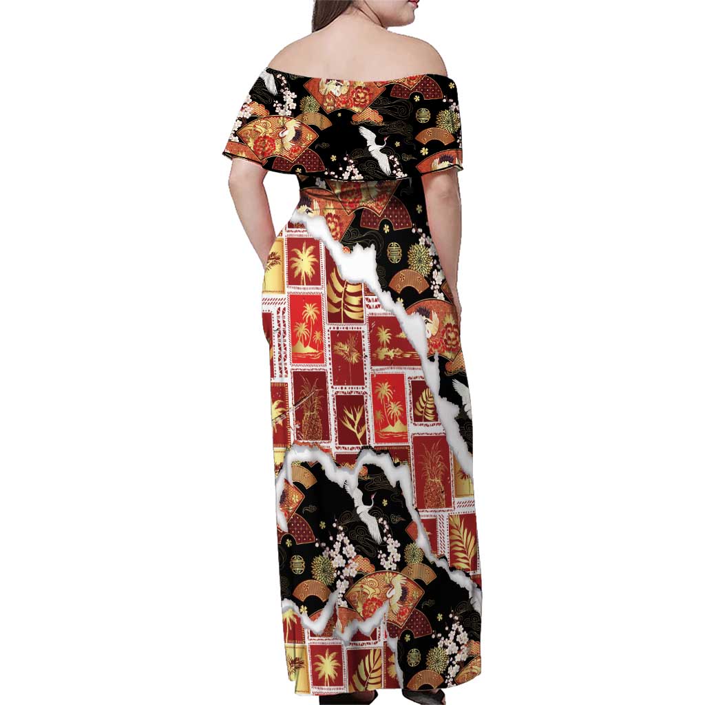 Hawaii Japanese Culture Black Family Matching Off Shoulder Maxi Dress and Hawaiian Shirt Spring Cranes Aloha Pattern