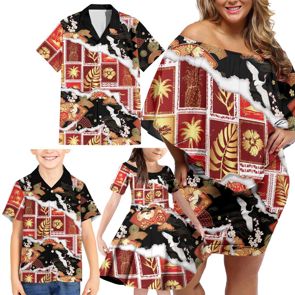 Hawaii Japanese Culture Black Family Matching Off Shoulder Short Dress and Hawaiian Shirt Spring Cranes Aloha Pattern LT01 - Polynesian Pride