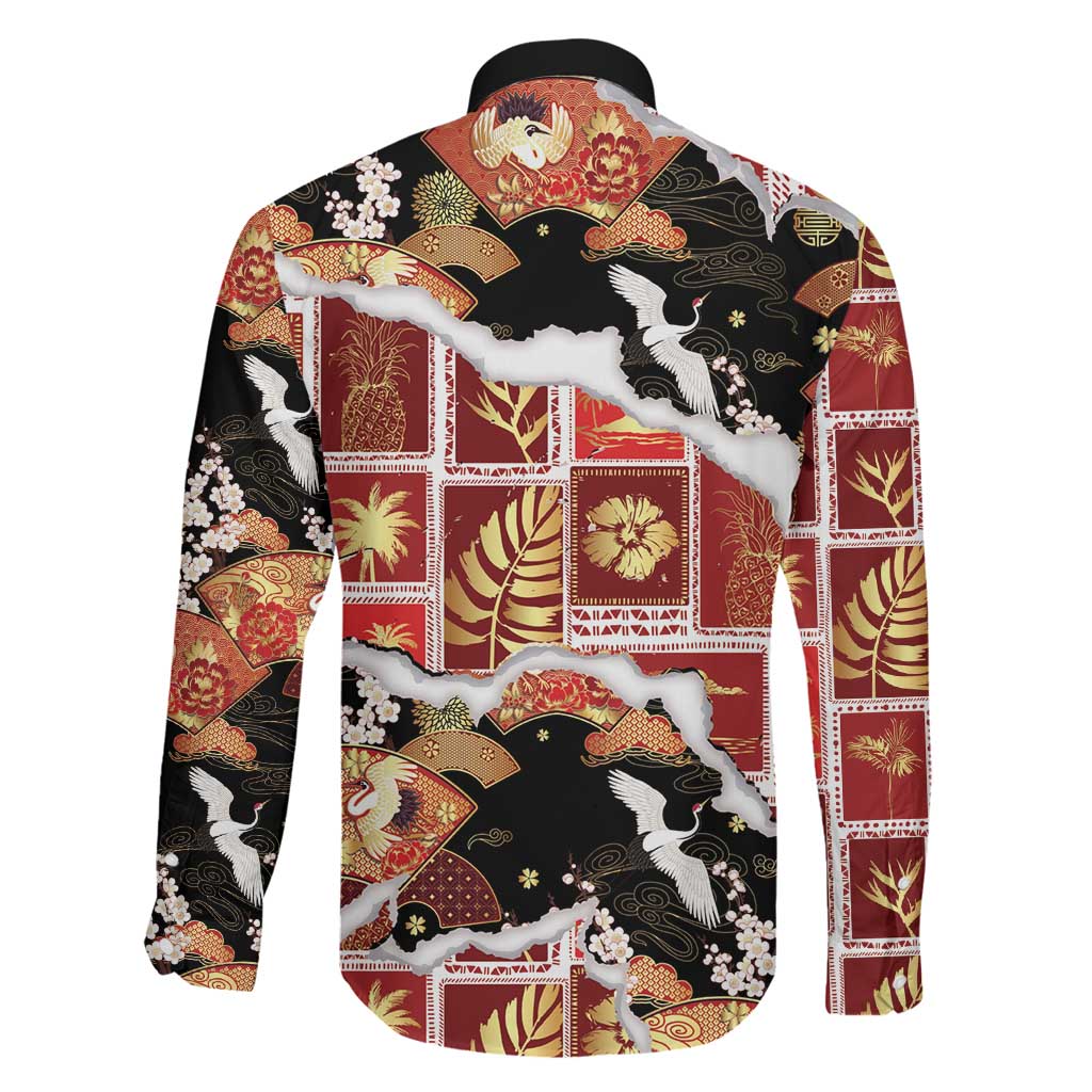 Hawaii Japanese Culture Black Family Matching Summer Maxi Dress and Hawaiian Shirt Spring Cranes Aloha Pattern