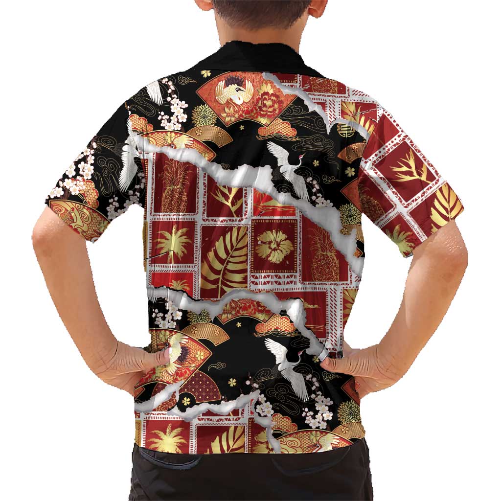 Hawaii Japanese Culture Black Family Matching Tank Maxi Dress and Hawaiian Shirt Spring Cranes Aloha Pattern LT01 - Polynesian Pride
