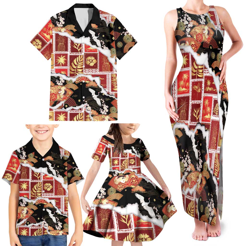 Hawaii Japanese Culture Black Family Matching Tank Maxi Dress and Hawaiian Shirt Spring Cranes Aloha Pattern