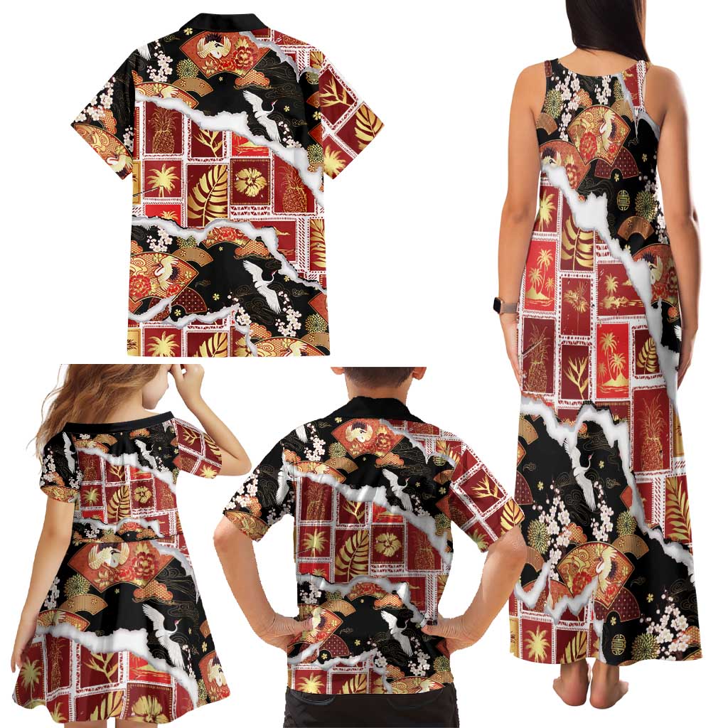 Hawaii Japanese Culture Black Family Matching Tank Maxi Dress and Hawaiian Shirt Spring Cranes Aloha Pattern LT01 - Polynesian Pride
