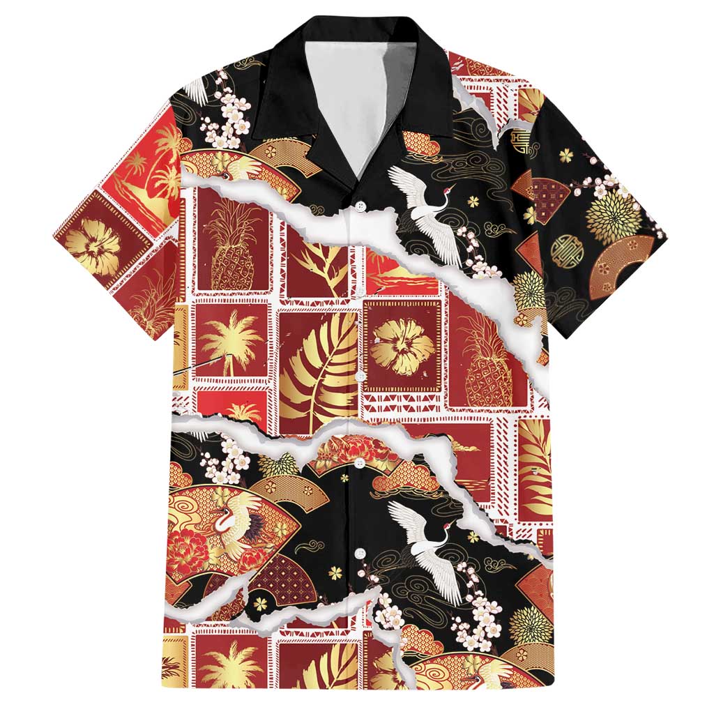 Hawaii Japanese Culture Black Hawaiian Shirt Spring Cranes Aloha Pattern