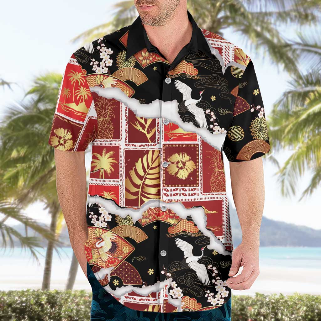 Hawaii Japanese Culture Black Hawaiian Shirt Spring Cranes Aloha Pattern