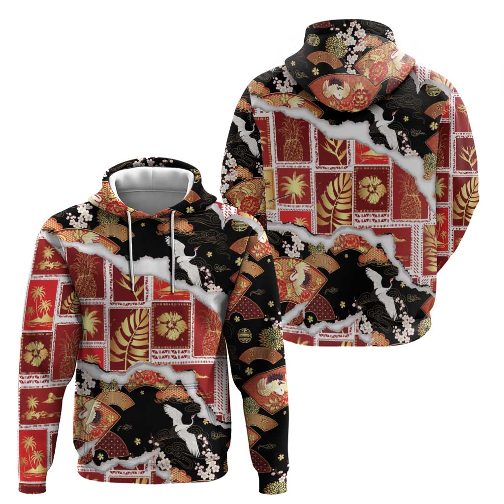 Hawaii Japanese Culture Black Hoodie Spring Cranes Aloha Pattern