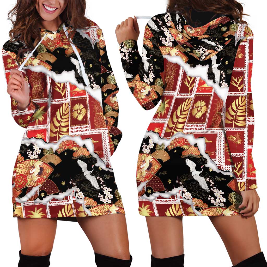 Hawaii Japanese Culture Black Hoodie Dress Spring Cranes Aloha Pattern