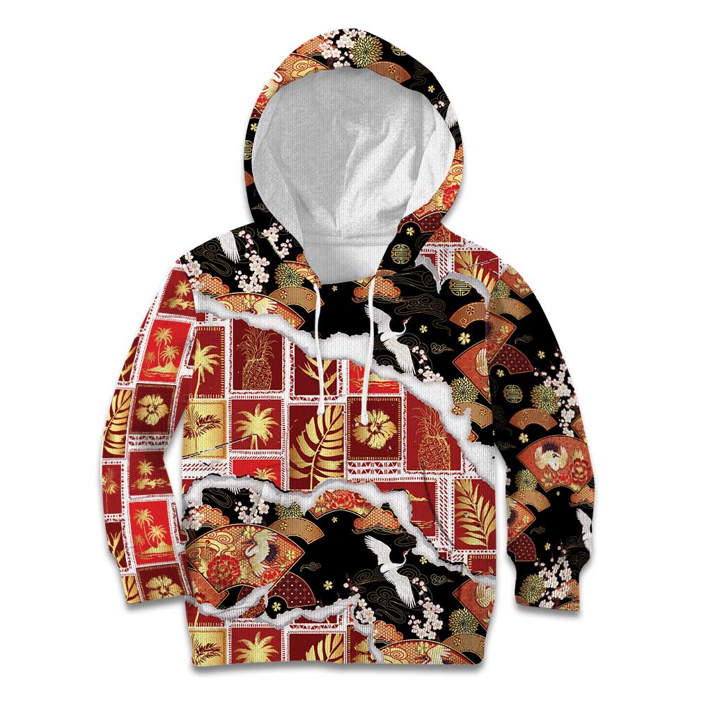 Hawaii Japanese Culture Black Kid Hoodie Spring Cranes Aloha Pattern