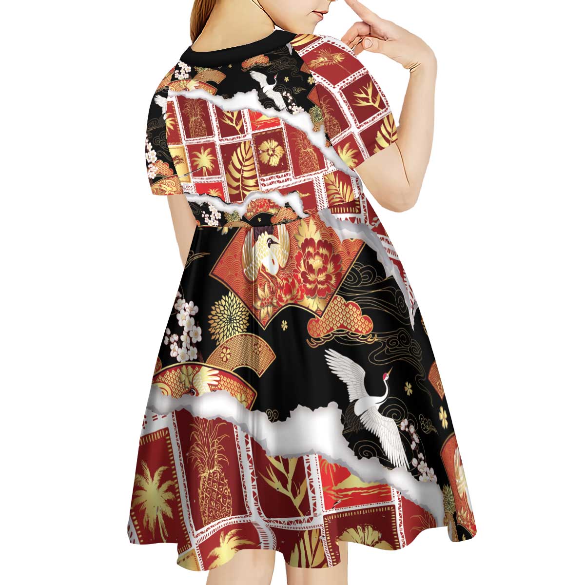 Hawaii Japanese Culture Black Kid Short Sleeve Dress Spring Cranes Aloha Pattern