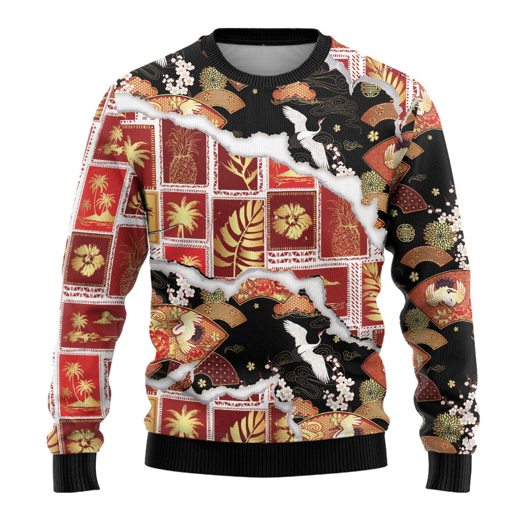 Hawaii Japanese Culture Black Ugly Christmas Sweater Spring Cranes Aloha Pattern LT01 - Polynesian Pride