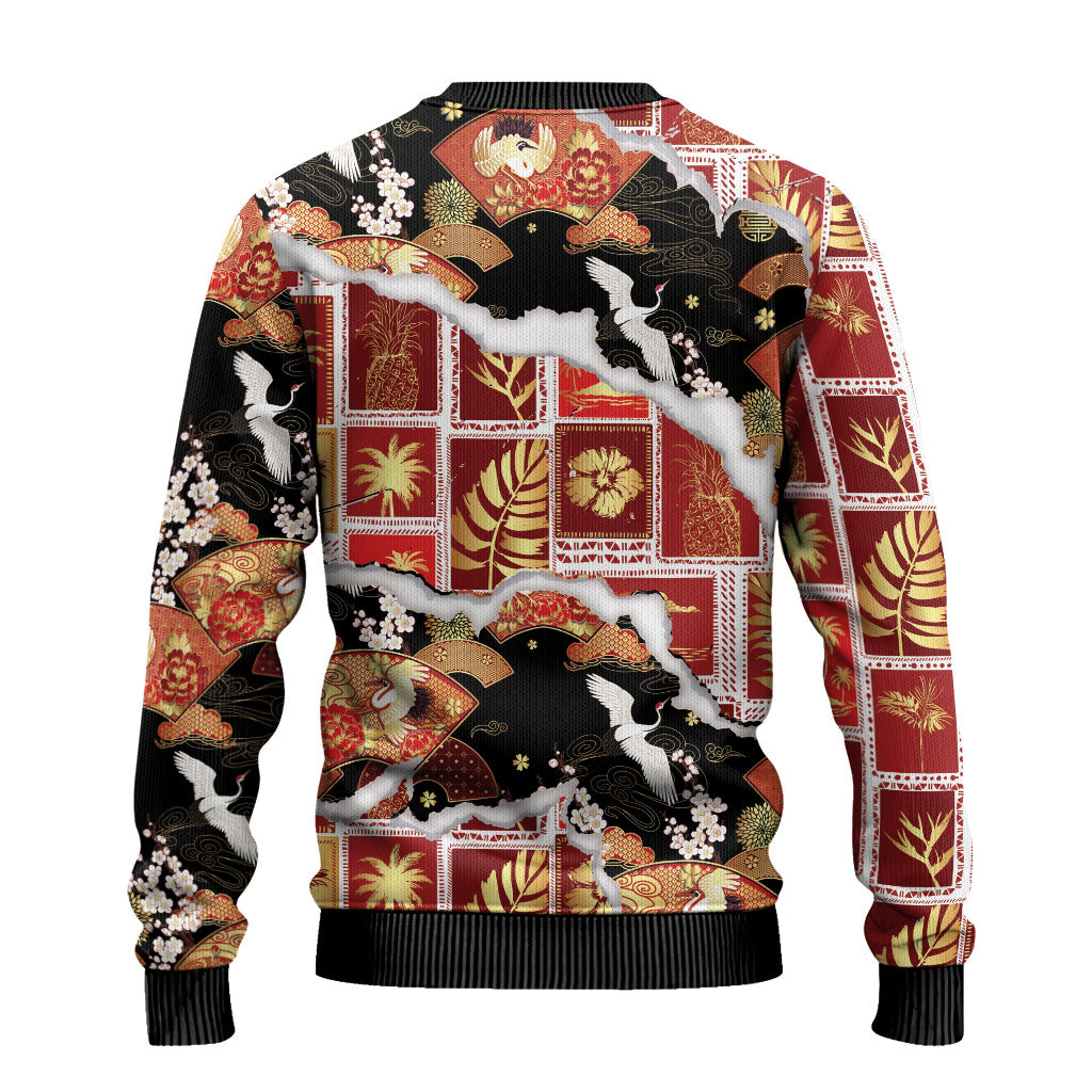 Hawaii Japanese Culture Black Ugly Christmas Sweater Spring Cranes Aloha Pattern LT01 - Polynesian Pride