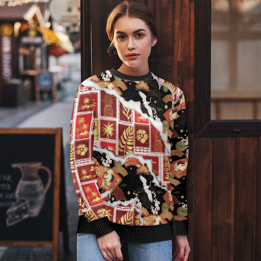 Hawaii Japanese Culture Black Ugly Christmas Sweater Spring Cranes Aloha Pattern LT01 - Polynesian Pride
