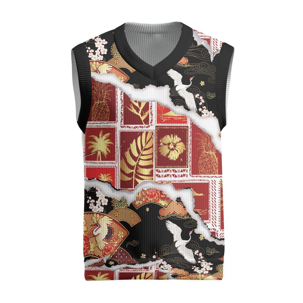 Hawaii Japanese Culture Black Christmas Knitted V-Neck Vest Spring Cranes Aloha Pattern LT01 Black - Polynesian Pride