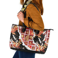 Hawaii Japanese Culture Black Leather Tote Bag Spring Cranes Aloha Pattern
