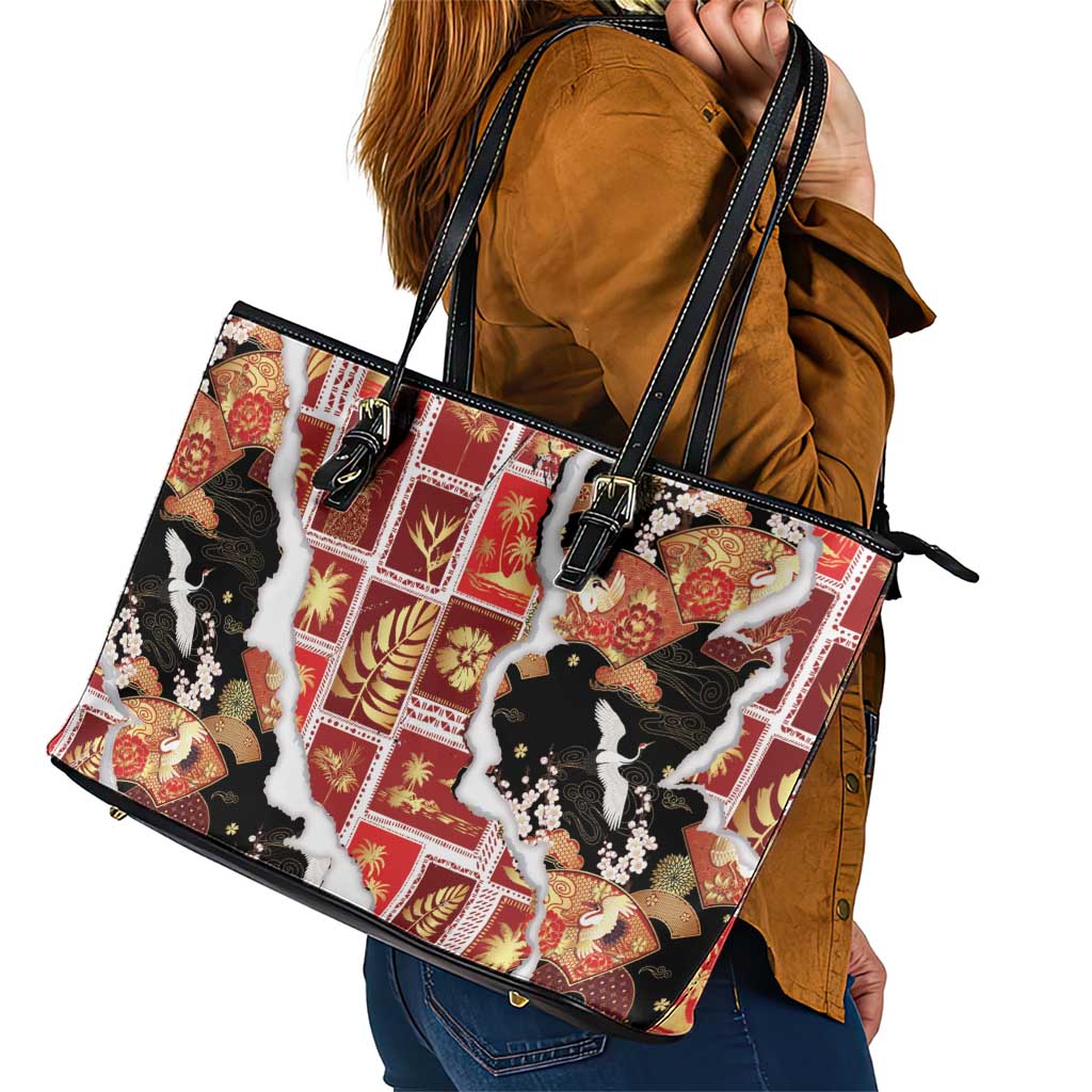 Hawaii Japanese Culture Black Leather Tote Bag Spring Cranes Aloha Pattern