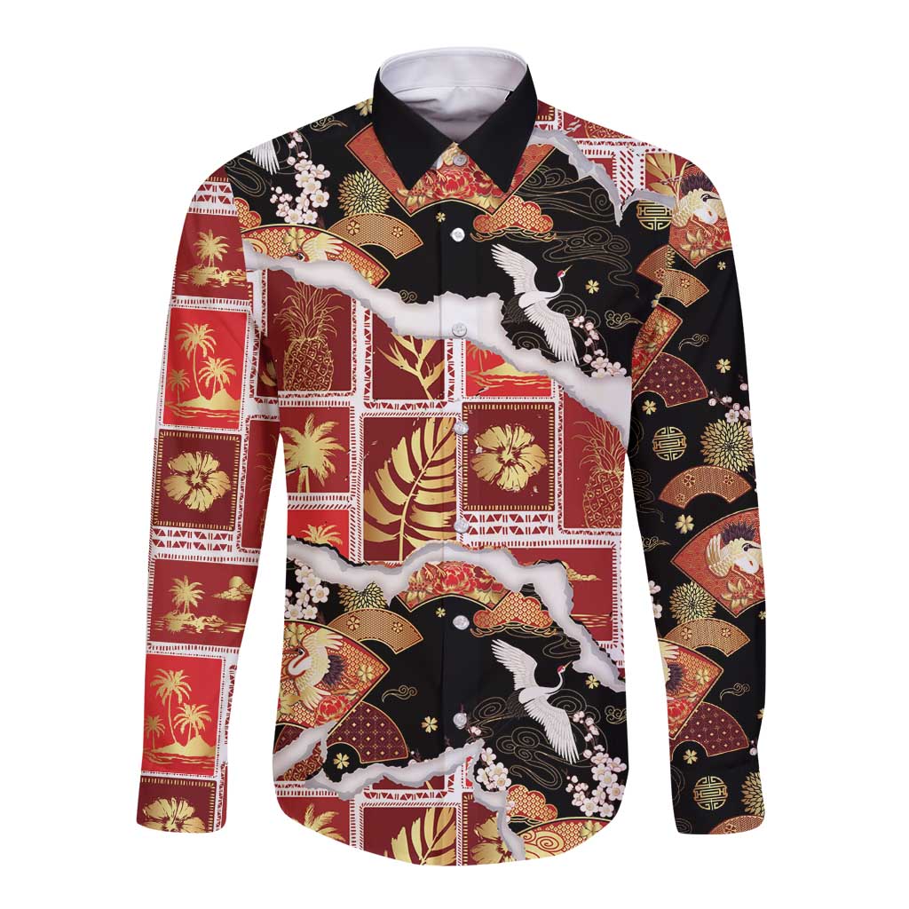 Hawaii Japanese Culture Black Long Sleeve Button Shirt Spring Cranes Aloha Pattern