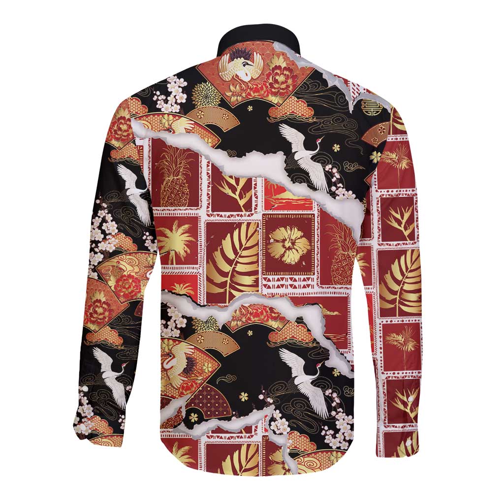 Hawaii Japanese Culture Black Long Sleeve Button Shirt Spring Cranes Aloha Pattern