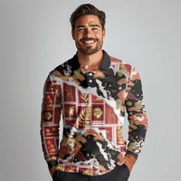 Hawaii Japanese Culture Black Long Sleeve Polo Shirt Spring Cranes Aloha Pattern