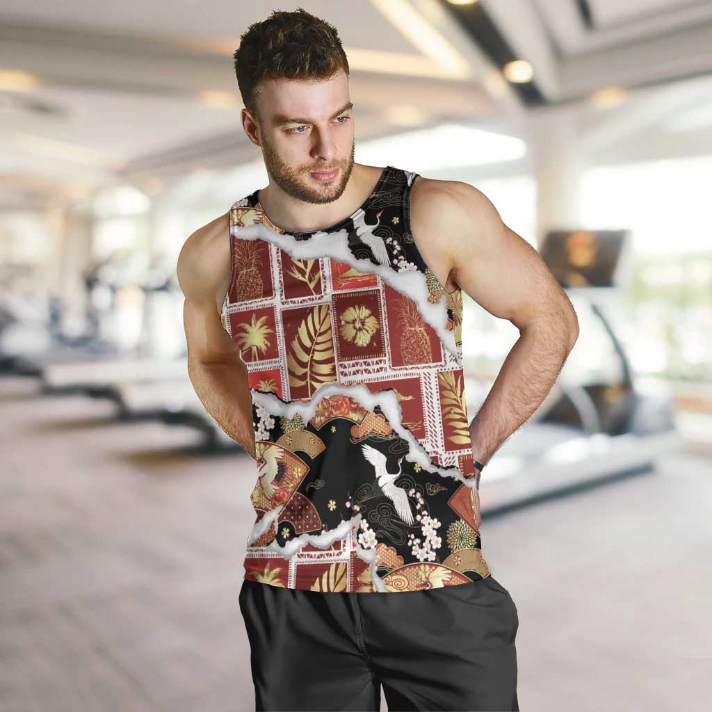 Hawaii Japanese Culture Black Men Tank Top Spring Cranes Aloha Pattern