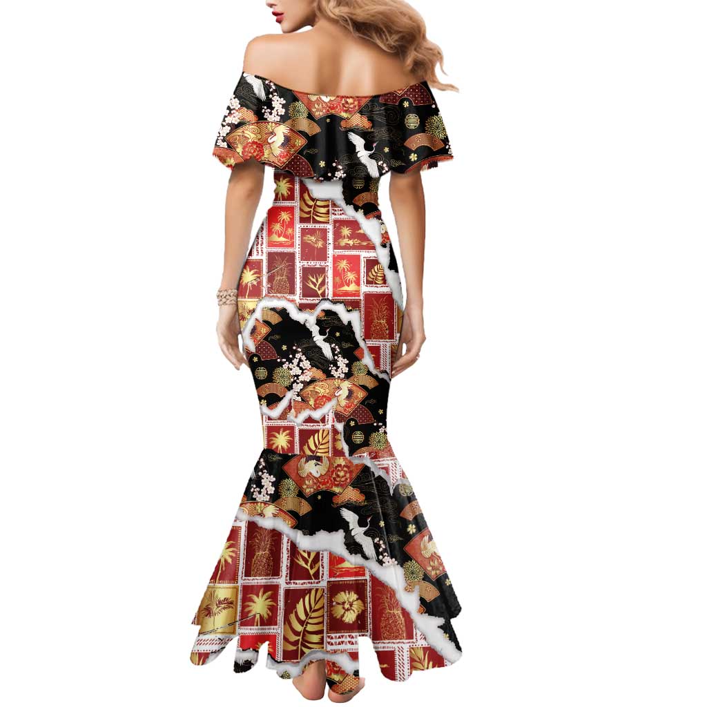 Hawaii Japanese Culture Black Mermaid Dress Spring Cranes Aloha Pattern