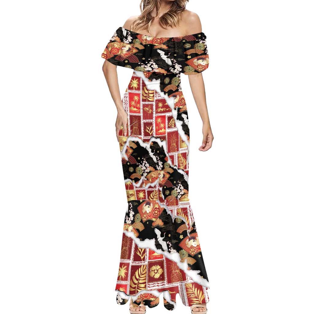 Hawaii Japanese Culture Black Mermaid Dress Spring Cranes Aloha Pattern