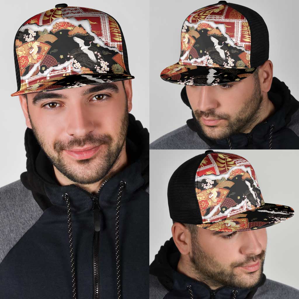 Hawaii Japanese Culture Black Mesh Trucker Cap Spring Cranes Aloha Pattern