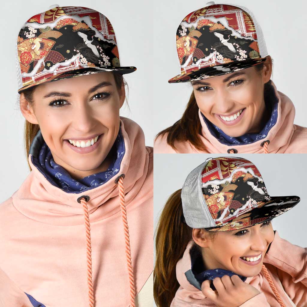 Hawaii Japanese Culture Black Mesh Trucker Cap Spring Cranes Aloha Pattern