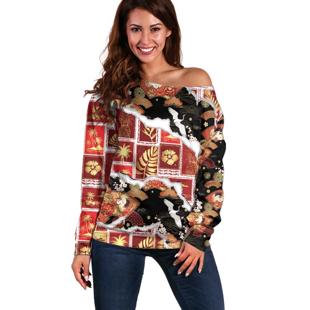 Hawaii Japanese Culture Black Off Shoulder Sweater Spring Cranes Aloha Pattern