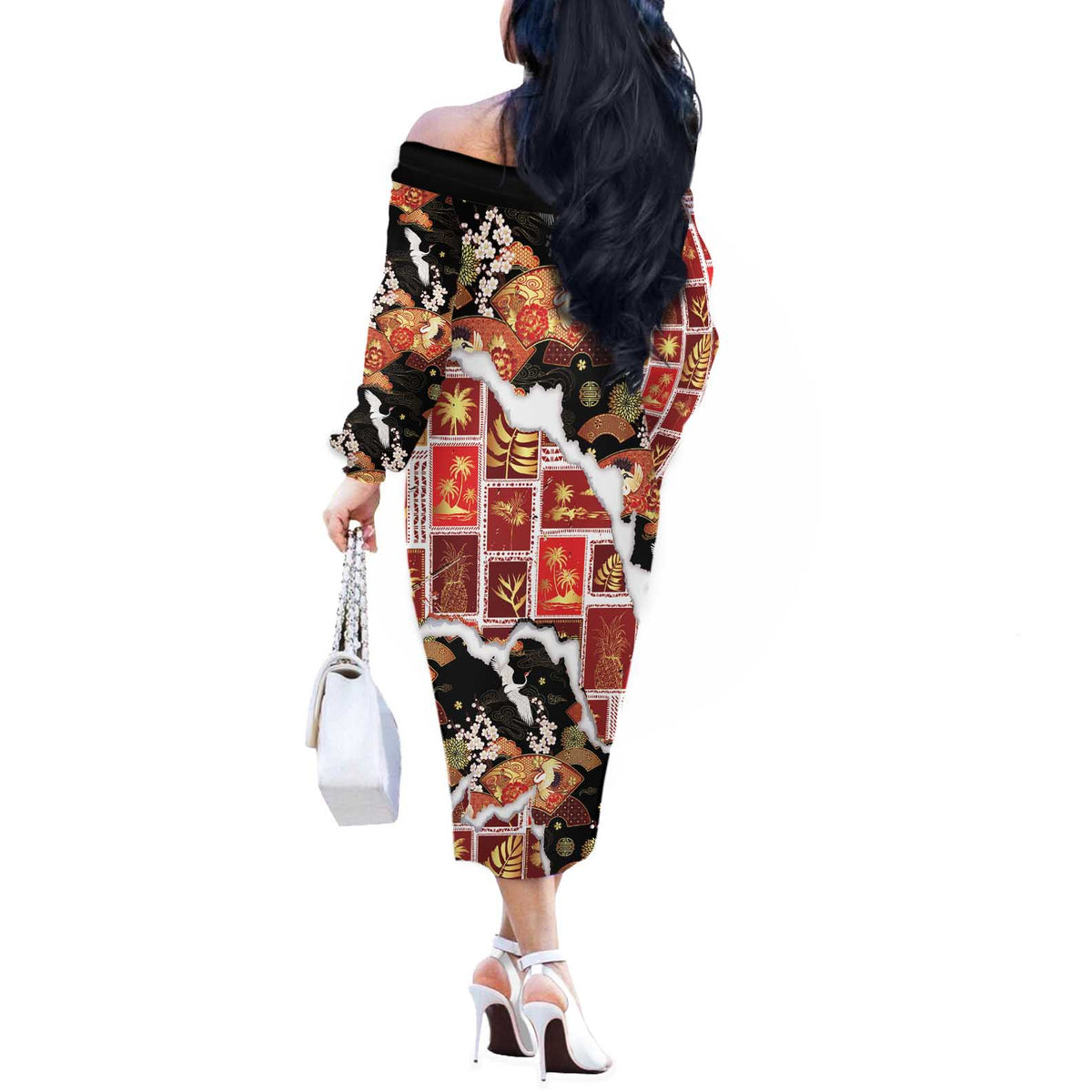 Hawaii Japanese Culture Black Off The Shoulder Long Sleeve Dress Spring Cranes Aloha Pattern