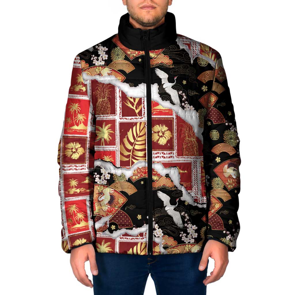 Hawaii Japanese Culture Black Padded Jacket Spring Cranes Aloha Pattern