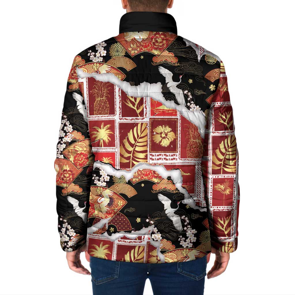 Hawaii Japanese Culture Black Padded Jacket Spring Cranes Aloha Pattern