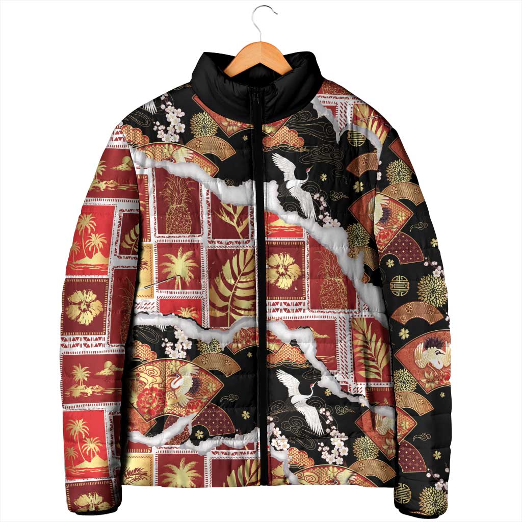 Hawaii Japanese Culture Black Padded Jacket Spring Cranes Aloha Pattern